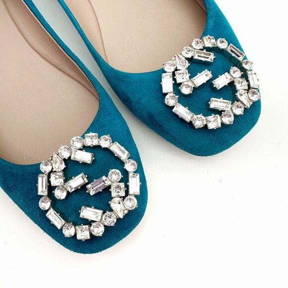GUCCI Interlocking Crystal GG Ballet Flat Size 37 US 7 Teal Blue Suede - Picture 4 of 13